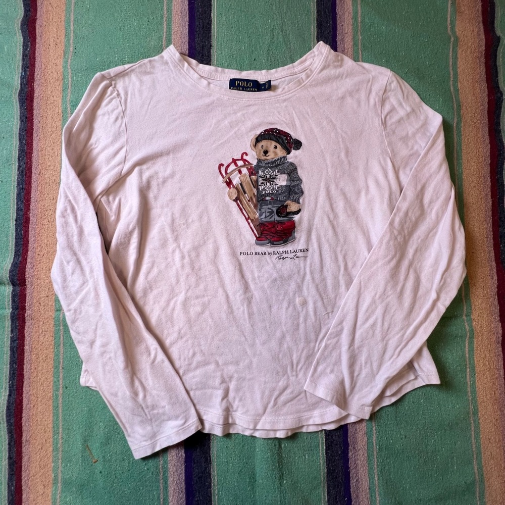 Polo Ralph Lauren Polo Bear Shirt Women M White Long Sleeve Sled Winter Graphic